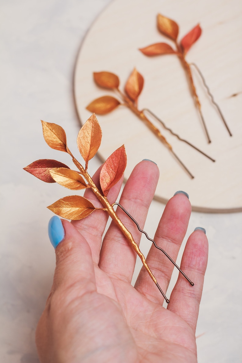 Gold leaf hair pins set Bridal hair piece Fall Wedding hair accessories Rustic Flower Botanical hairpiece Bridesmaids Floral bobby Pins image 10