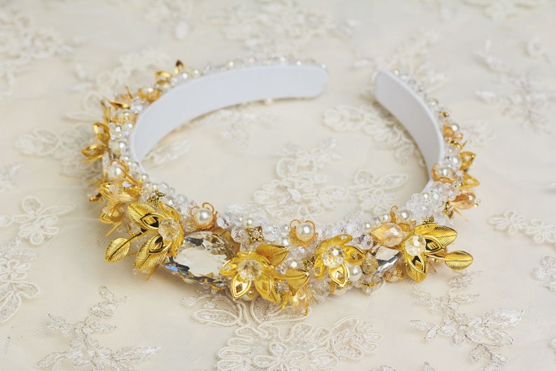 Gold jeweled headband for wedding hair accessories Beaded headbands for women Baroque Bridal crown Dolce white headband Gold tiara for bride