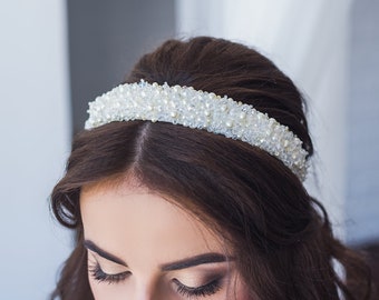 Pearl headband Wedding crystal tiara Dolce jewelled headband Beaded embellished Baroque tiara Pearl hair accessories Jeweled headband