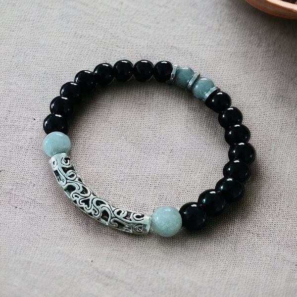 Burmese Green Jade and Black Onyx Bracelet - Handmade Natural Gemstone Jewelry