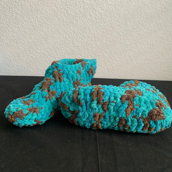 Medium Chenille Crochet Booties/Slipper Turquoise and Brown