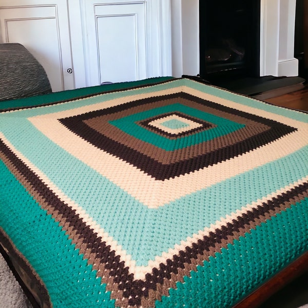 Mint, White, Charcoal, Gray & Jade Crochet Afghan, Bedspread, Blanket, Throw