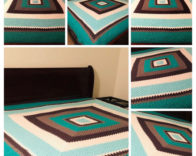 Mint, White, Charcoal, Gray & Jade Crochet Afghan, Bedspread, Blanket, Throw