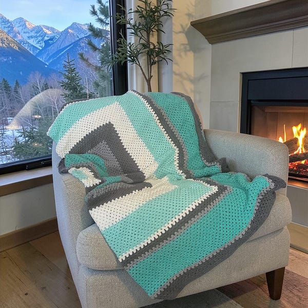 Mint, White, Charcoal, Gray & Jade Crochet Afghan, Bedspread, Blanket, Throw