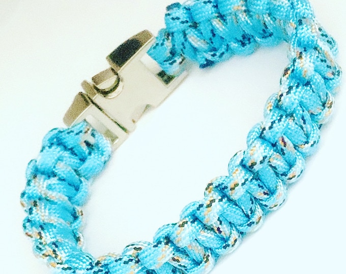 Light Blue White & Gray Paracord Bracelet with Silver Side Release Buckle