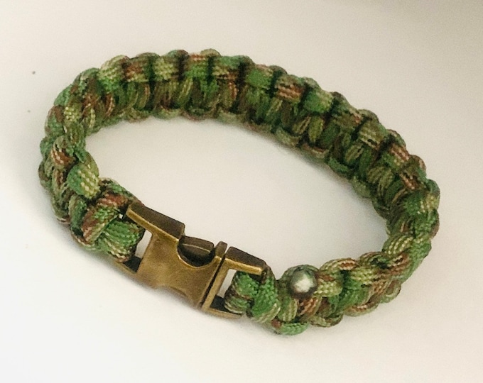 Green Camo Paracord Bracelet with Antique Brass Side Release Buckle
