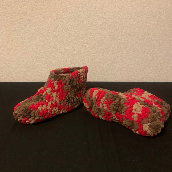Large Chenille Crochet Booties/Slipper Red and Brown “Raspberry Trifle”