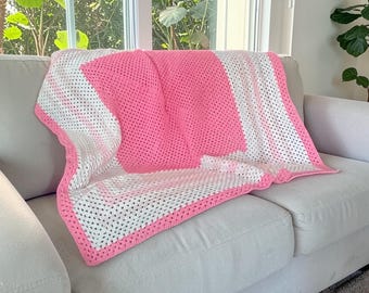 Bubblegum Pink, Pale Pink and White Crochet Afghan, Blanket, Throw