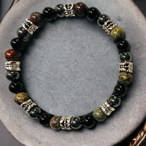 Obsidian Dragon Blood Jasper Hematite Bracelet - Handmade Natural Gemstone Jewelry