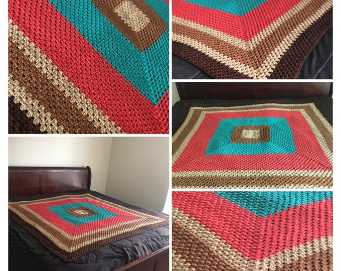 Crochet Blanket,  Brown, Sienna, Turquoise & Chocolate