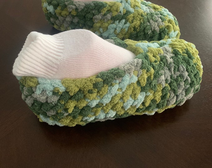Small Chenille Crochet Slippers in various shades Green and gray “Forest Sage”