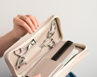 Organizador de cuero ecológico para peluquería: estuche de herramientas de barbero con cremallera, soporte para tijeras y peine