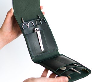 Personalized Leather Manicure Tool Organizer - 11 Compartments