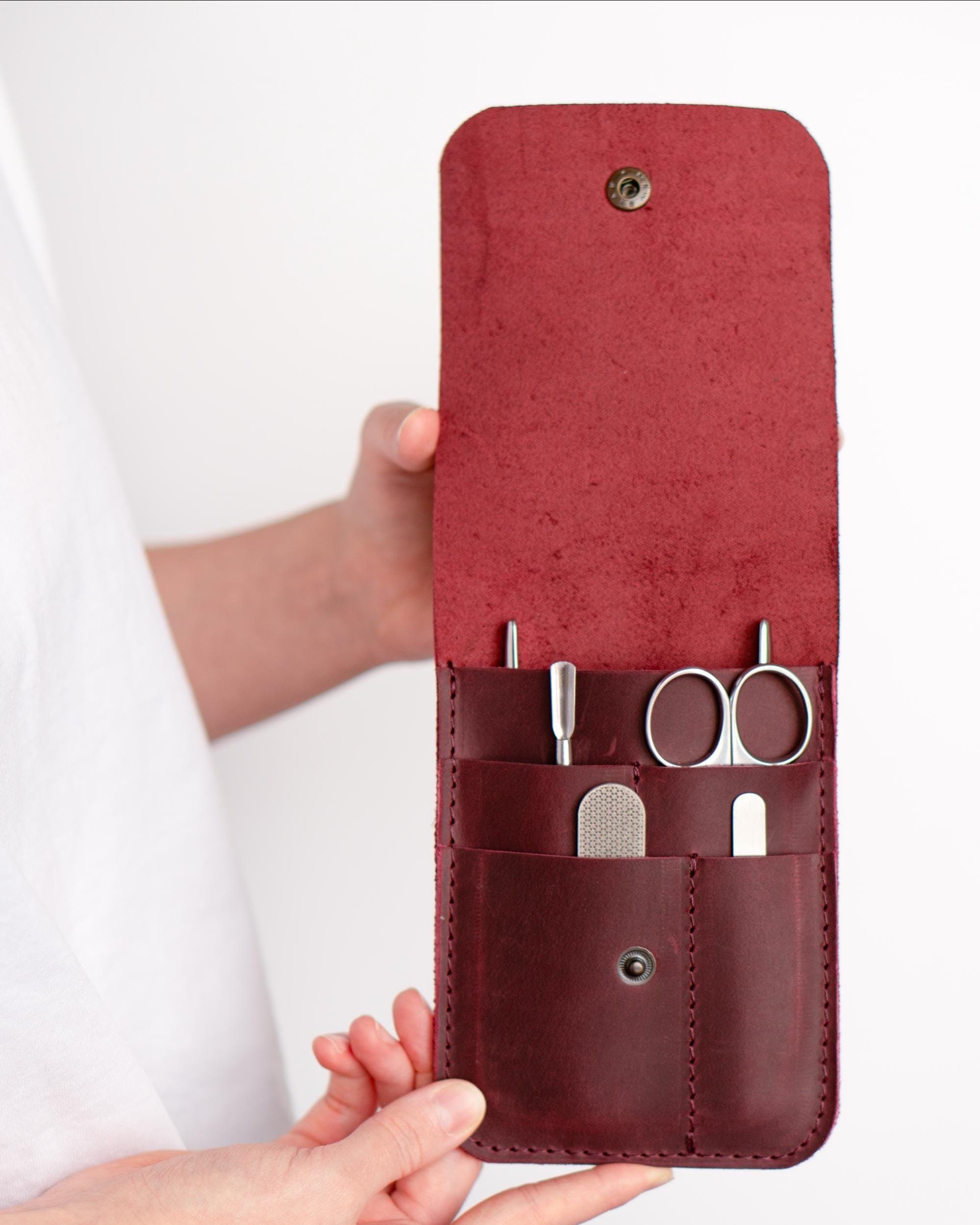 Handmade Leather Manicure Set Organizer - Personalized Travel Case