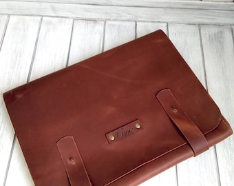Handmade Crazy Horse Leather Folder: Document Portfolio with Pockets