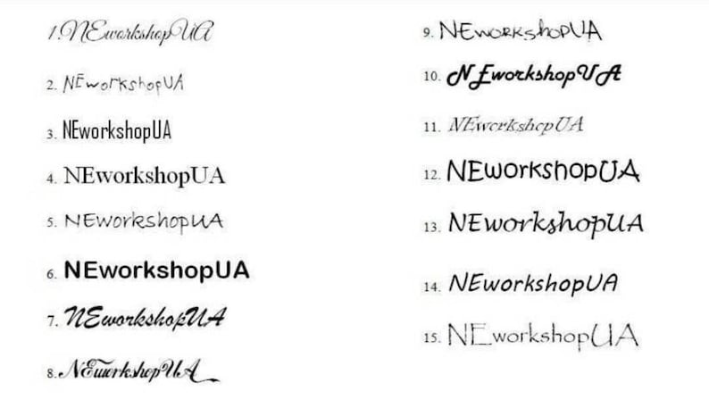 May include: A collection of 15 different handwritten versions of the text "NEworkshopUA".