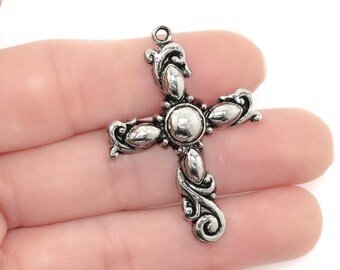 24 Antique Silver Pewter Cross Charms: Tribal Pendants