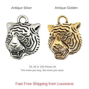 Tiger head for DIY jewelry and accessories. Lot of 25, 50 or 100. Choose Golden, Silver or a mix of both