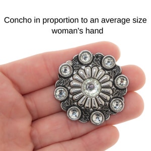 Screw Back, 9 Rhinestones Round Concho. Medium Size. Silver color. 6, 12 or 24 Units. Starting price 2.50 USD