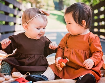 Brown Toddler Dress, Girls Thanksgiving dress, Toddler Fall clothing, Long Sleeve Mustard Dress, Classic Girls Clothing