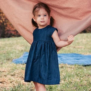 Cap sleeve chambray dress for girls, three chambray colors available. image 2