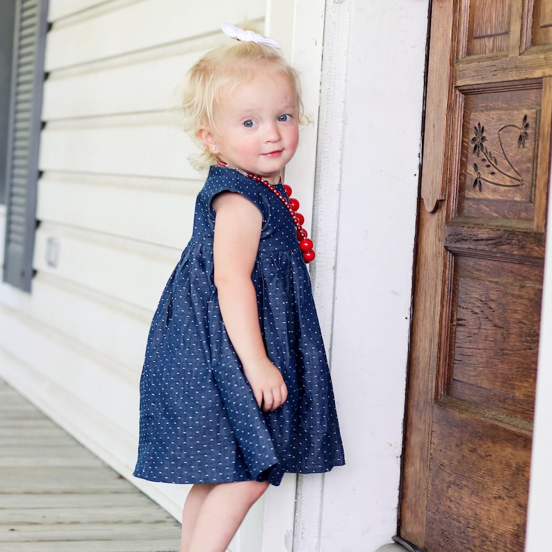 Cap sleeve chambray dress for girls, three chambray colors available. image 4