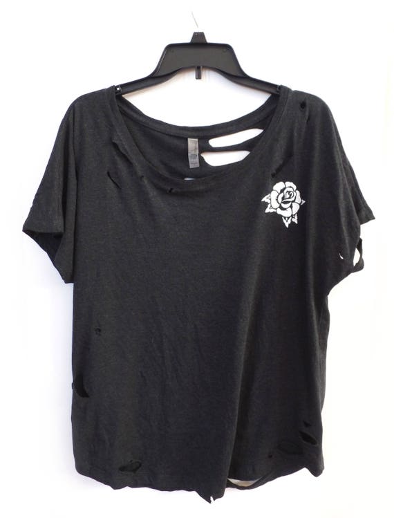 Distressed Tee, Distressed Shirt, Oversized Tee, Rose, Distressed Top, Punk Shirt, Rose Shirt, Punk Rock, Psychobilly, Shirt with Holes, Tat