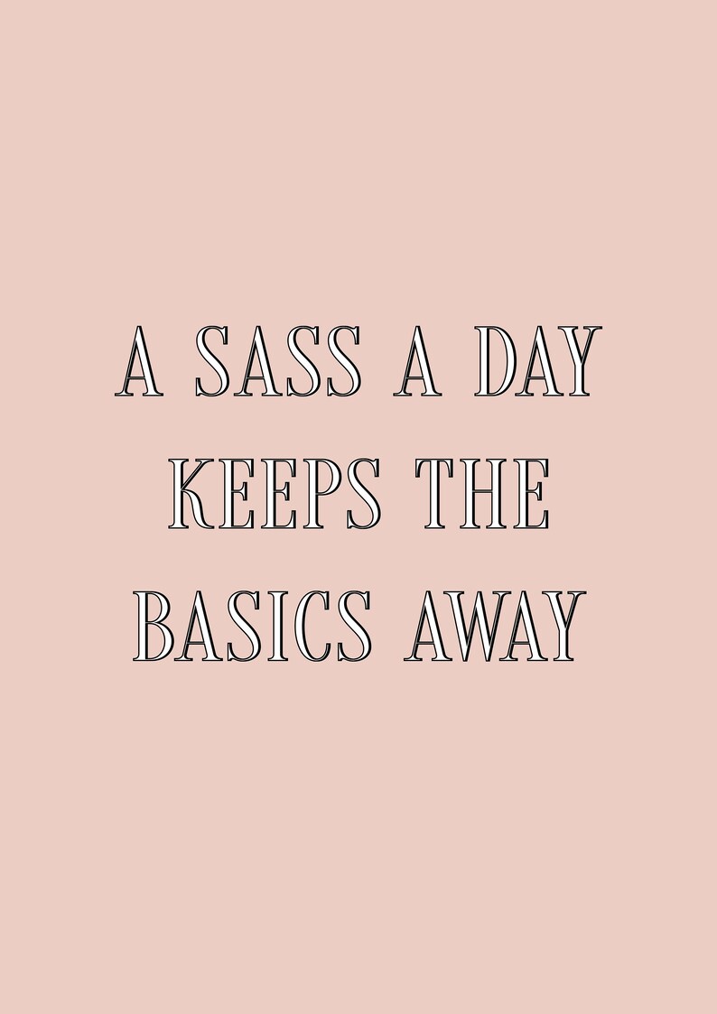 K&ouml;nnte beinhalten: Ein rosa Hintergrund mit einem schwarzen und wei&szlig;en Text&uuml;berlagerung, der "A sass a day keeps the basics away." lautet.