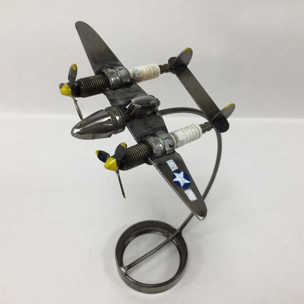 Spark plug Lightning P-38, WW2 scrap metal aeroplane sculpture, airplane, spark plug fighters