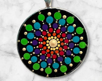 Mandala pendant; 1.6"; hand-painted; gift; Christmas; Hanukkah; jewelry; necklace; boho