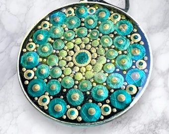 Mandala pendant;1.6" hand-painted; gift; Christmas; Hanukkah; jewelry; necklace; boho; Swarovski crystal