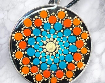 Mandala pendant; 1.6"; hand-painted; gift; Christmas; Hanukkah; jewelry; necklace; boho