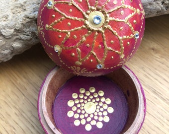 Teak; mandala treasure box; red; gold; hand painted; holiday gifts; wooden box;