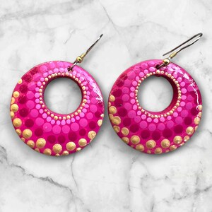 Round wooden earrings; hand-painted; mandala design; 1.5&quot;; jewelry; lightweight; drop earrings; earrings
