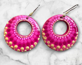 Round wooden earrings; hand-painted; mandala design; 1.5"; jewelry; lightweight; drop earrings; earrings