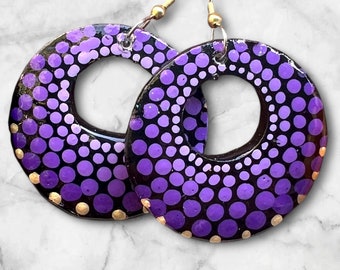 Round wooden earrings; hand-painted; mandala design; 1.5"; jewelry; lightweight; drop earrings; earrings