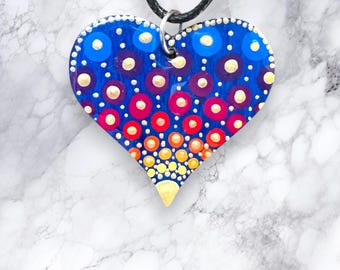 Mandala heart pendant; 1.3"; hand-painted; gift; Christmas; Hanukkah; jewelry; necklace; boho