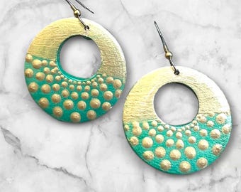 Round wooden earrings; hand-painted; mandala design; 1.5"; jewelry; lightweight; drop earrings; earrings