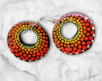 Round wooden earrings; hand-painted; mandala design; 1.5"; jewelry; lightweight; drop earrings;