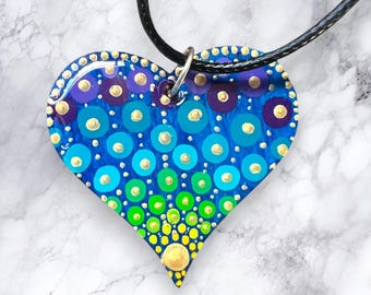 Mandala heart pendant; 1.3"; hand-painted; gift; Christmas; Hanukkah; jewelry; necklace; boho