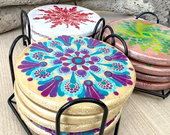 Mandala coaster set of four and holder; drink coaster; hand painted |  Holiday Gifts | Christmas  | Mandala Art | Wooden coaster