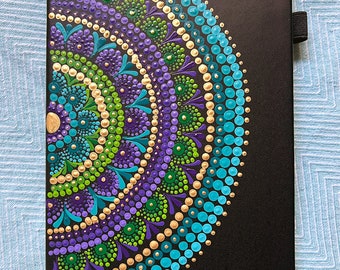 Mandala; black journal; notebook; BOHO; hand-painted; gift; holiday;