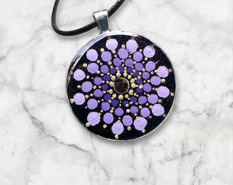 Mandala pendant; 1.5"; hand-painted; gift; Christmas; Hanukkah; jewelry; necklace; boho; crystal