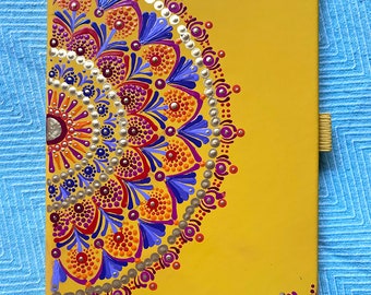 Mandala design; yellow journal; notebook; BOHO; hand-painted; holiday gift;