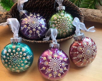 Christmas tree ornaments; Mandala design; holiday gift; ornaments; hand-painted;