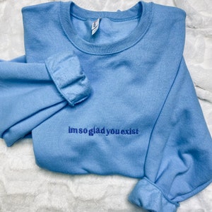 May include: A light blue sweatshirt with the text "im so glad you exist" embroidered in dark blue on the front.