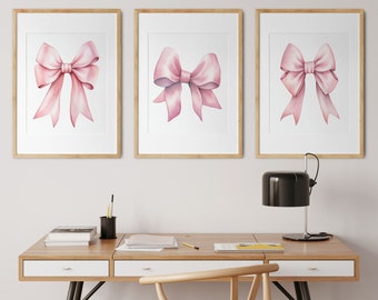 Pink Bow Print Set of 3 Preppy Wall Art Teen Room Decor Poster College Decor Nursery Girly Wall Art Pastel Poster Coquette Room Decor