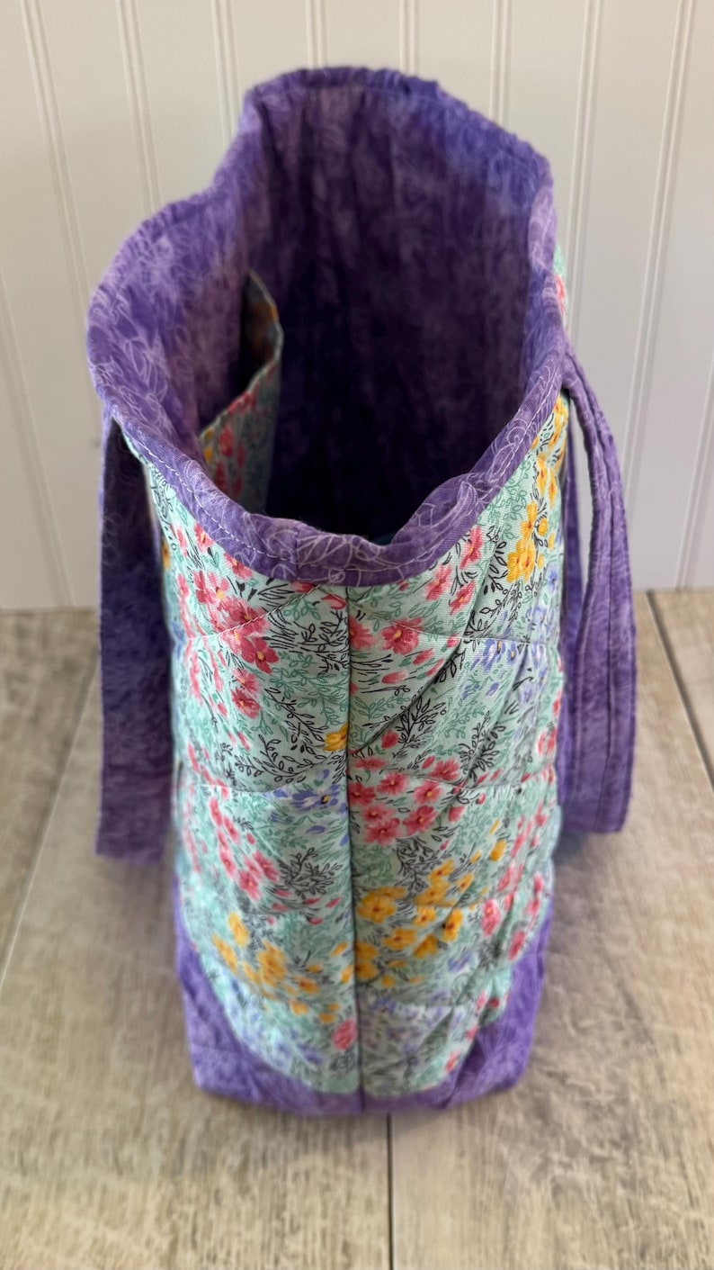 Large Quilted Tote Bag, Purple Floral Cotton, Lined Interior Pocket - Etsy