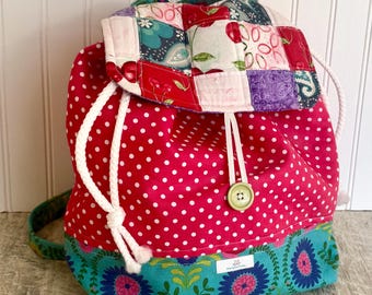 Patchwork Quilted Backpack Bag, Colorful Cotton Fabric Tote, Book Bag