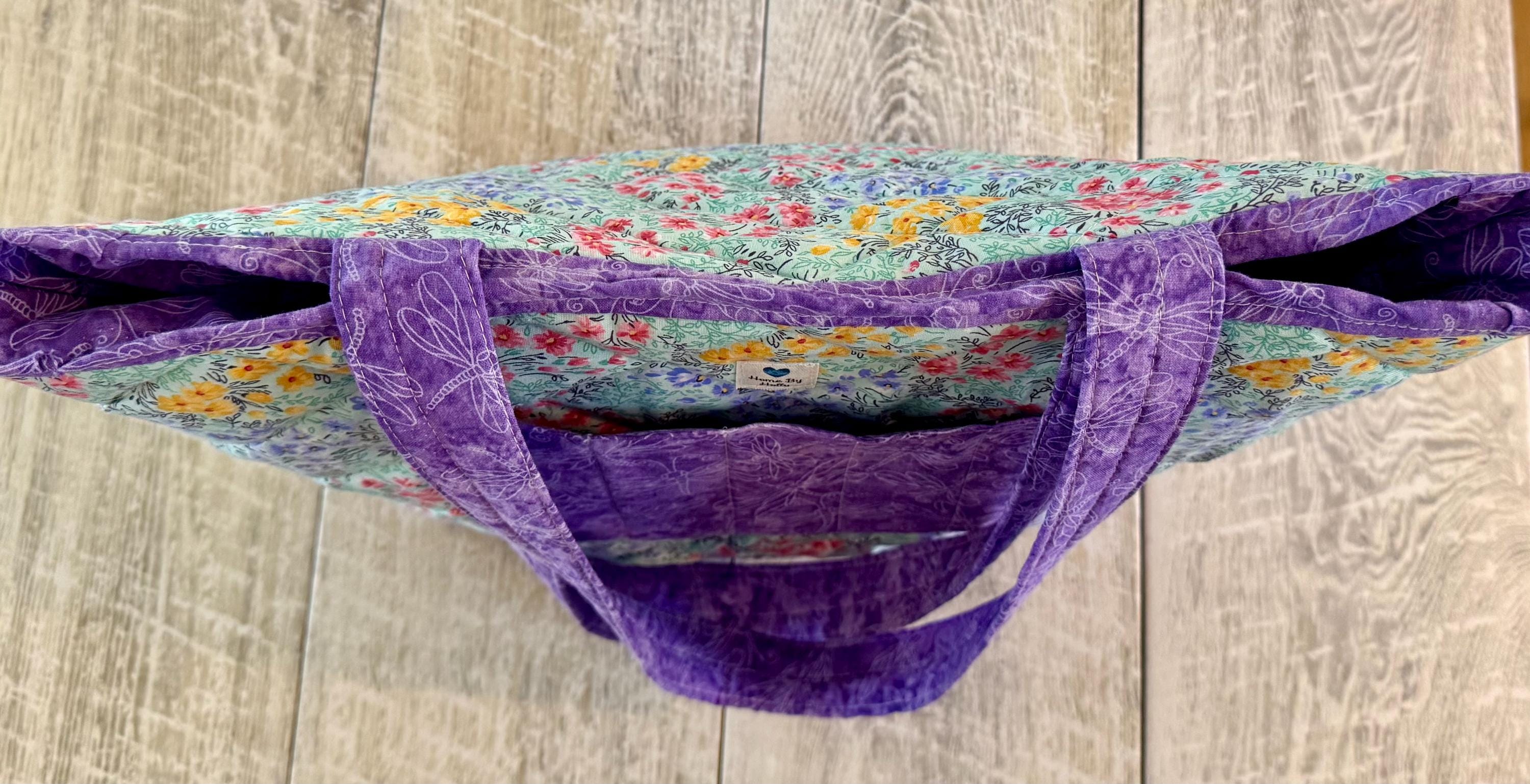 Large Quilted Tote Bag, Purple Floral Cotton, Lined Interior Pocket - Etsy